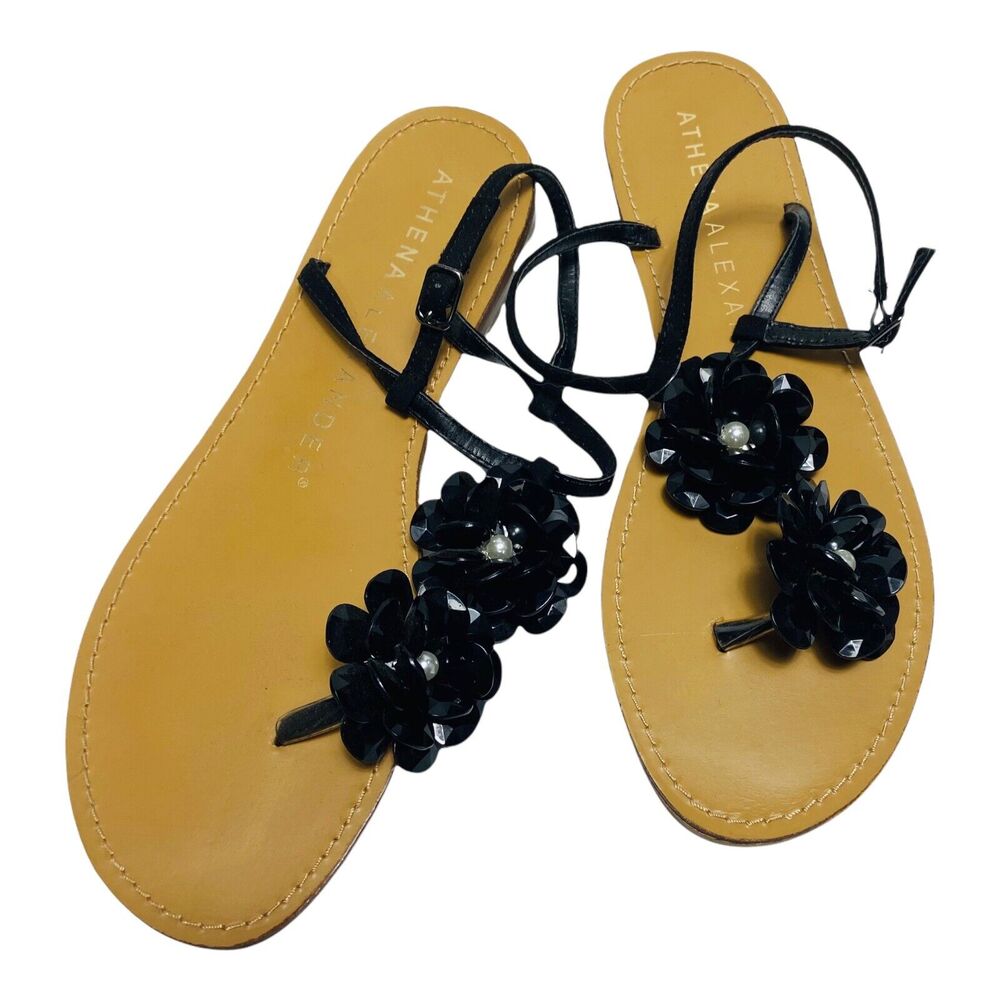 Athena Alexander Women Black Size 9 Beaded Flower Thong T Strap Sandals